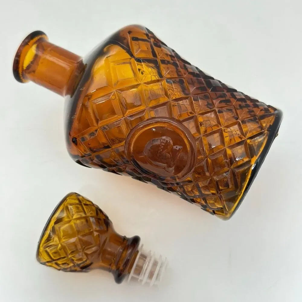 Vintage Mid-Century Amber Pressed Glass Decanter with Stopper – Made in Taiwan